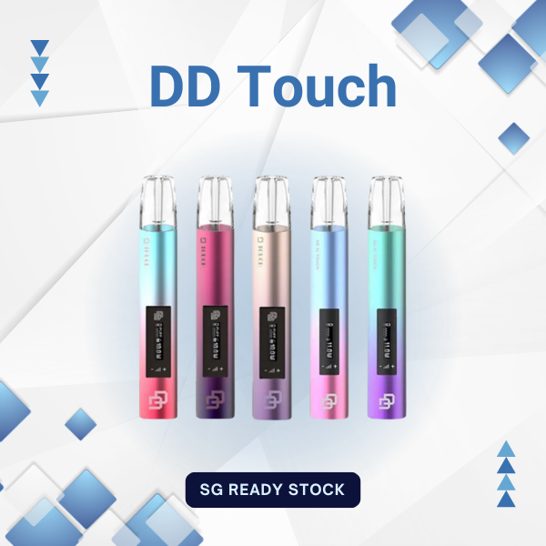DD Touch device with smart screen display, showing battery level and puff count, compatible with RELX and LANA pods.